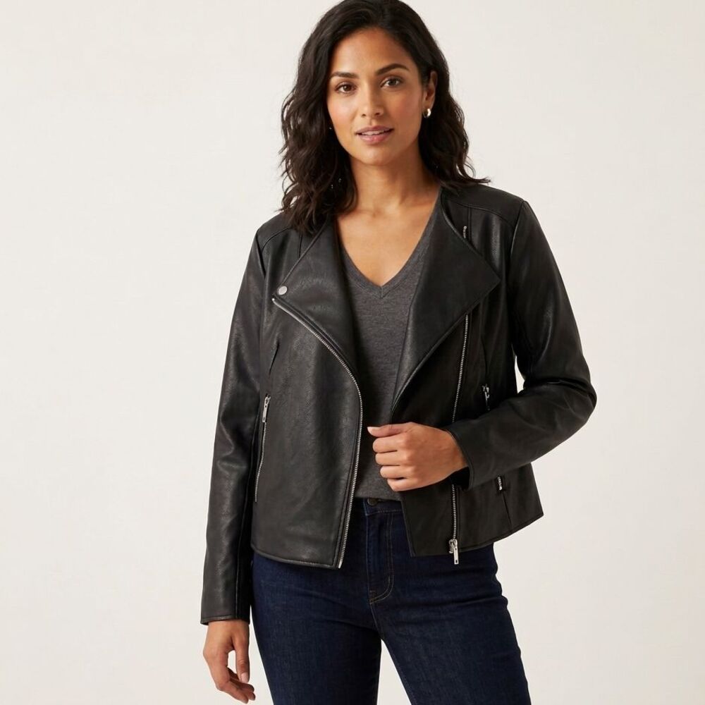 Mango MNG Faux Leather Biker Moto Jacket Womens Medium Black Zip